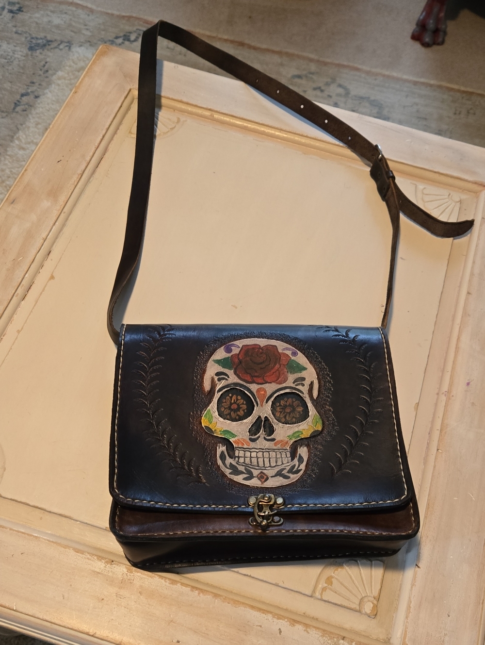 Dark Brown Leather Crossbody Bag with Colorful Sugar Skull